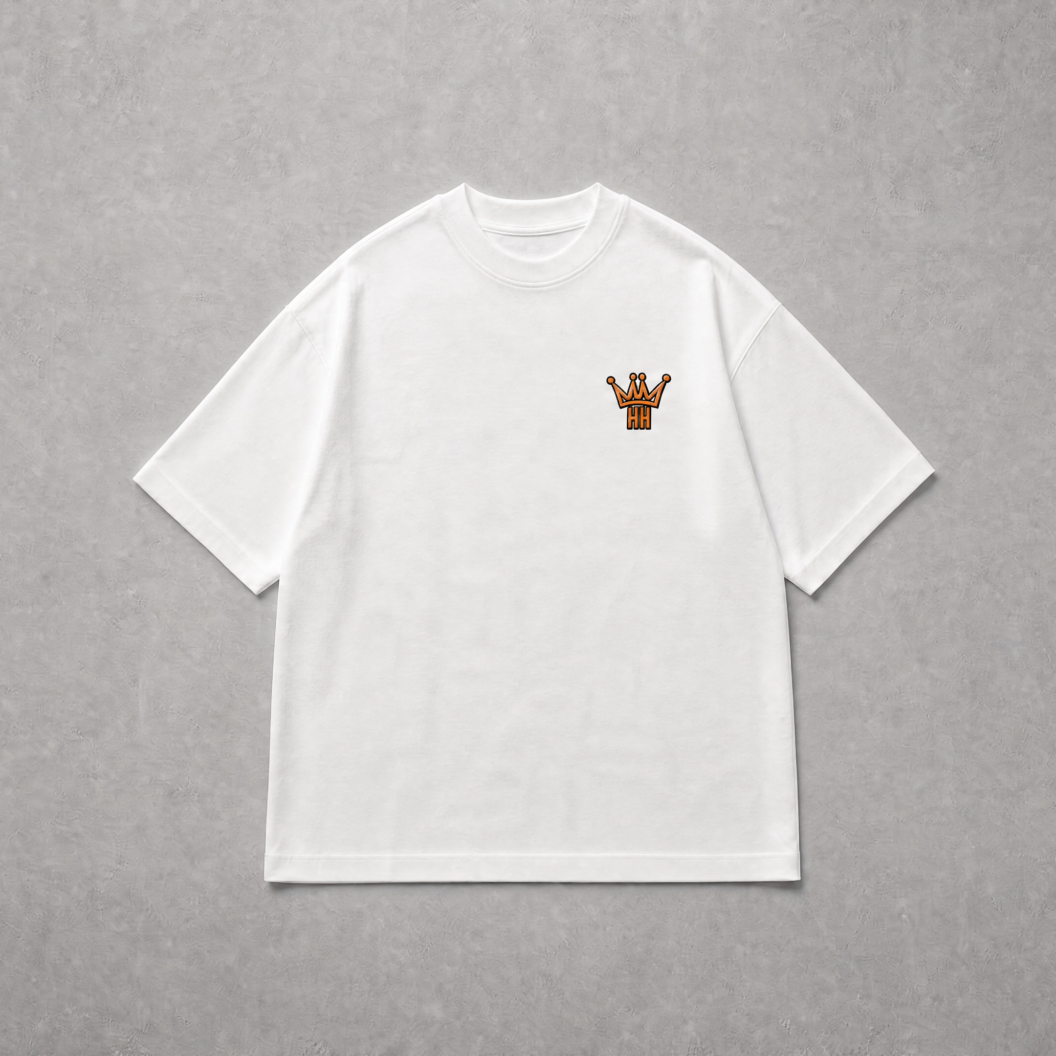 A white short-sleeve crewneck t-shirt with a small brown graphic on the left chest, displayed flat against a textured gray background.