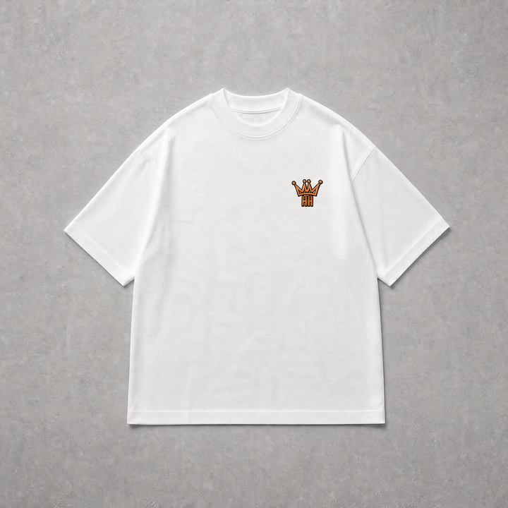 A white short-sleeve crewneck t-shirt with a small brown graphic on the left chest, displayed flat against a textured gray background.