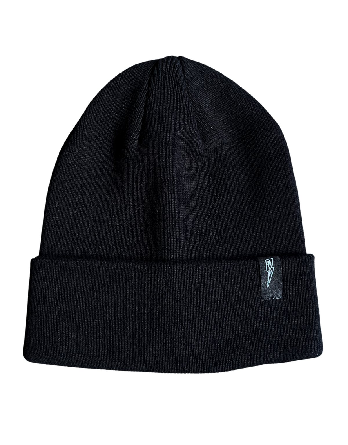 Black cotton beanie hat with a deep band with a tag on the size embroidered with a bolt and H+H on the inside