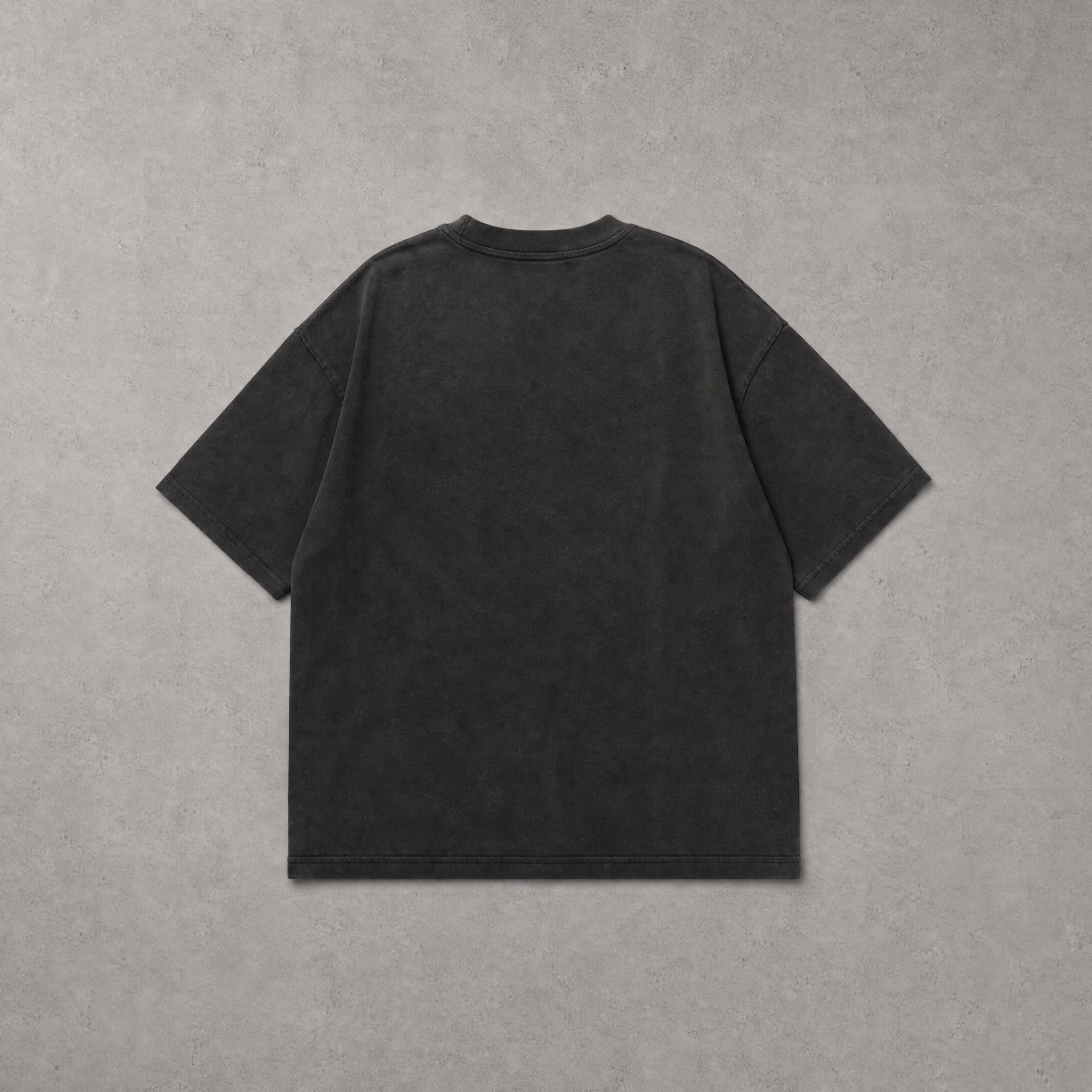A dark charcoal gray short-sleeve t-shirt shown from the back, laid flat against a textured gray background.